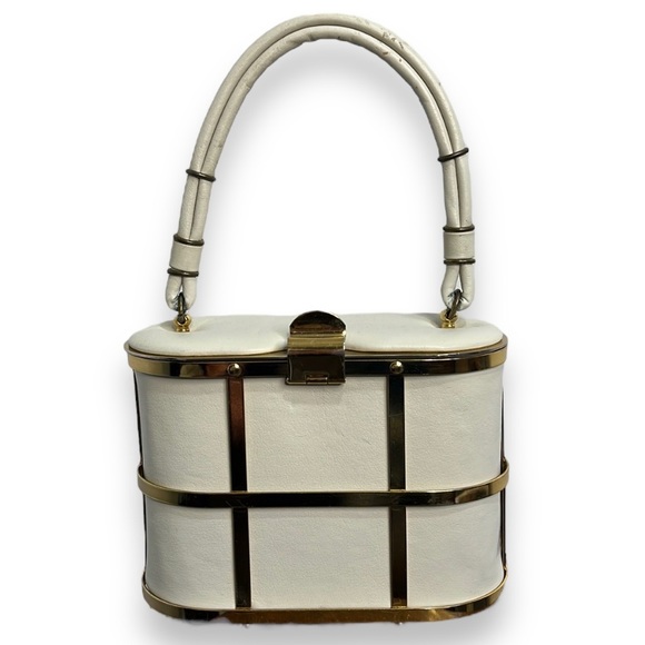 Etra Handbags - Etra Ivory Cream Leather & Metal Gold Cage Box Bag 1960's 60s